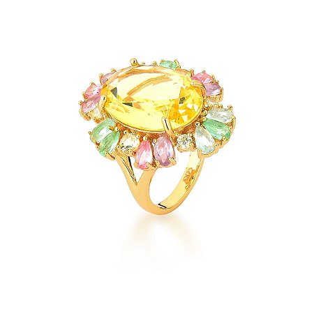 ANEL CRISTAL OVAL AMARELO E GOTAS MULTICOLORIDAS