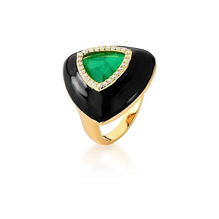 ANEL TRIANGULAR COM CRISTAL ESMERALDA BANHADO A OURO
