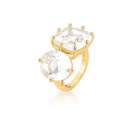 ANEL COM CRISTAL OVAL E QUADRADO INCOLOR BANHADO A OURO SJ