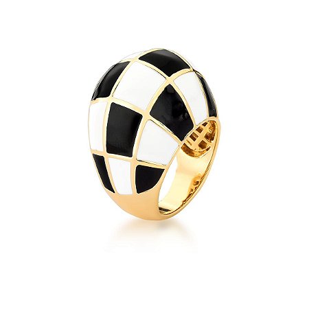 ANEL OVAL ESMALTADO BRANCO E PRETO CURVO SM