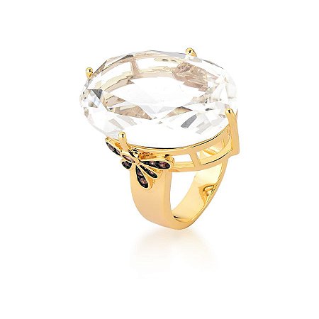 ANEL COM CRISTAL OVAL INCOLOR E FLOR MARROM SM