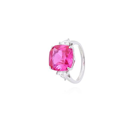 ANEL PEDRA QUADRADA COM TRIANGULAR NA LATERAL SAFIRA PINK PP
