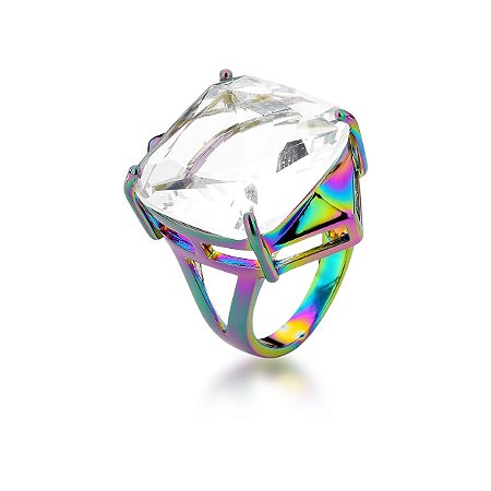 ANEL COM CRISTAL QUADRADO INCOLOR BANHADO A FURTA COR SM