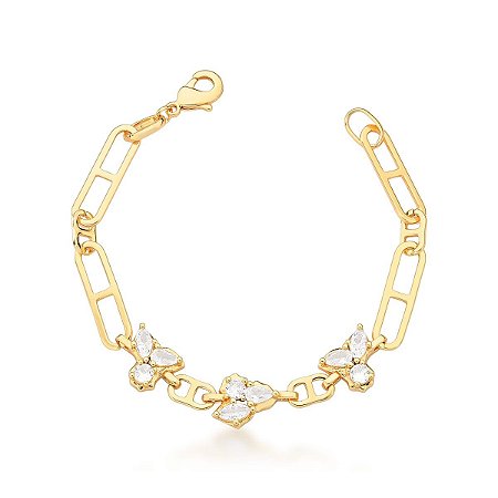 PULSEIRA COM ELOS LISOS E ZIRCÔNIAS DIVERSAS BANHADO A OURO SM