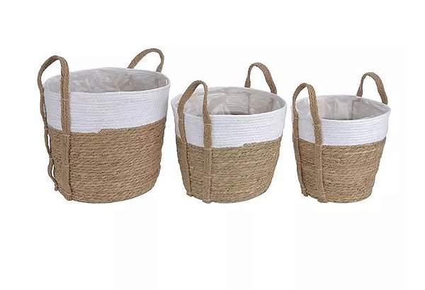 Kit Cestos de Palha com 3 und Branco Marrom 35x32cm