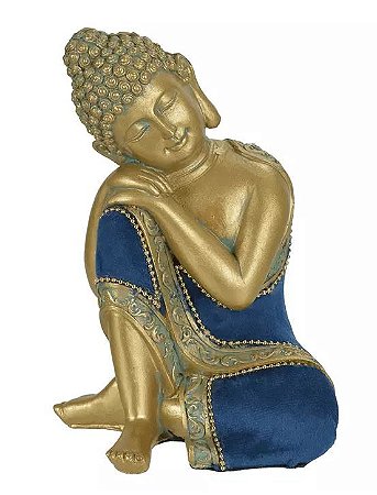 Escultura Buda Resina Dourado Azul 19,5x12,5cm