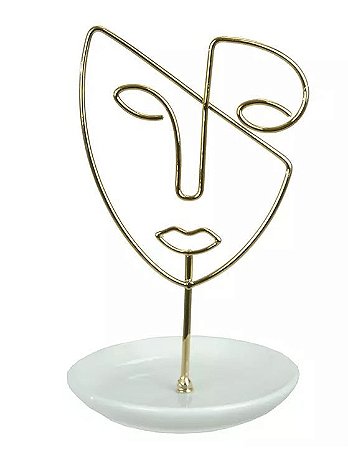 Porta-objetos Face Metal Cerâmica Dourado 19,1x11,9cm
