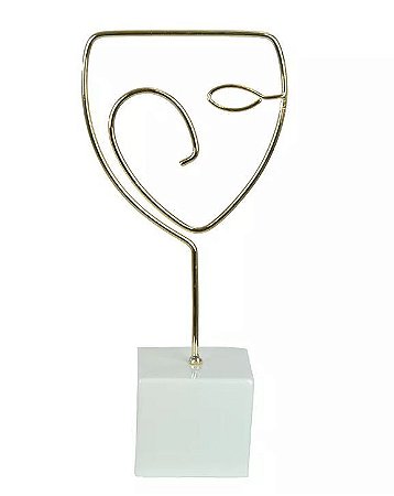 Escultura Face Metal Cerâmica Dourado Branco 25,4x11,8cm