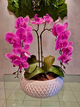 Arranjo Artificial 2 Orquídeas Rosas Vaso de Cerâmica Branco