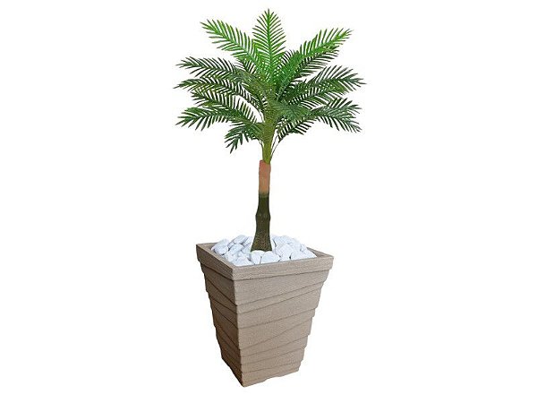 Planta Artificial Árvore Palmeira Real Toque 1,2m kit + Vaso Trapezio D. Grafiato Bege 40cm