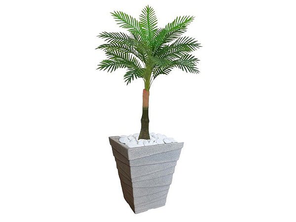 Planta Artificial Árvore Palmeira Real Toque 1,2m kit + Vaso Trapezio D. Grafiato Cinza 40cm