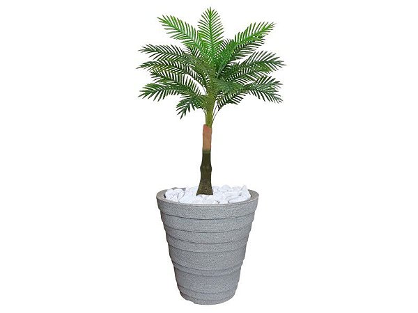 Planta Artificial Árvore Palmeira Real Toque 1,2m kit + Vaso Redondo D. Grafiato Cinza 40cm