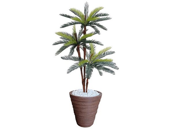 Planta Artificial Árvore Palmeira Cycas 1,77m kit + Vaso Redondo D. Grafiato Marrom 40cm