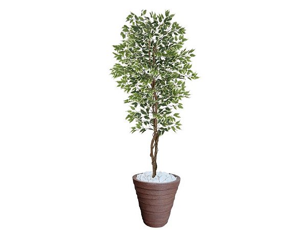 Planta Artificial Ficus Verde Creme 2,10m kit + Vaso Redondo D. Grafiato Marrom 40cm