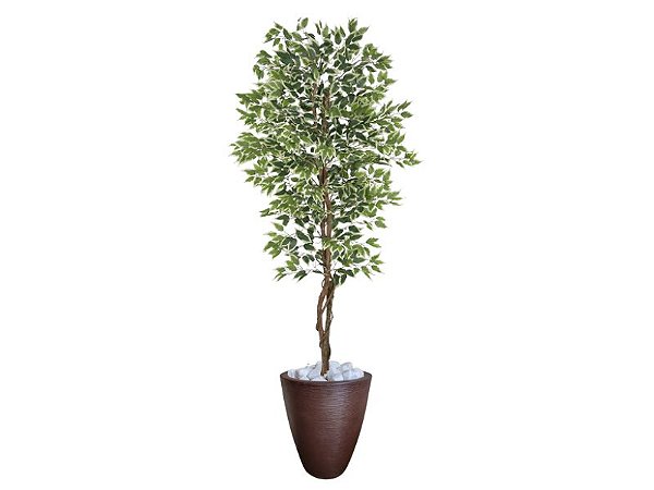 Planta Artificial Ficus Verde Creme 2,10m kit + Vaso Redondo Marrom 40cm