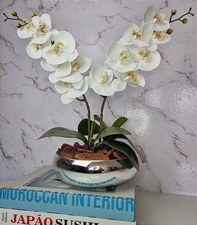 Arranjo Com 2 Orquídeas Branca Vaso Prata 22cm