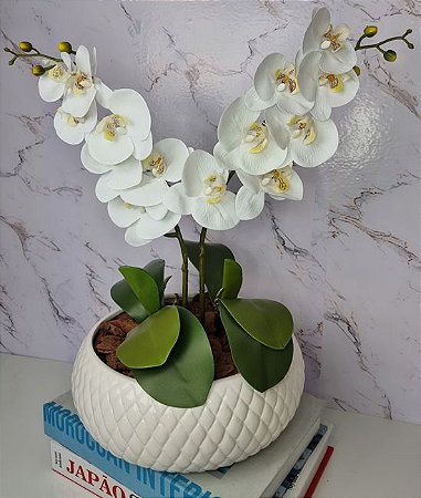 Arranjo Com 2 Orquídeas Branca Vaso Ceramica 22cm