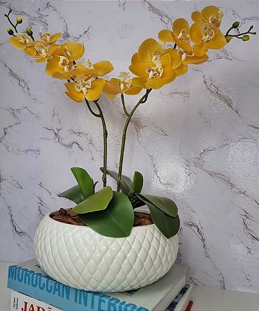 Arranjo Com 2 Orquídeas Amarela Vaso Ceramica 22cm