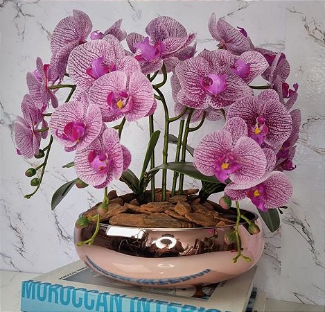Arranjo Com 4 Orquídeas Violeta Vaso Rose 28cm