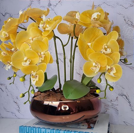 Arranjo Com 4 Orquídeas Amarela Vaso Cobre 28cm