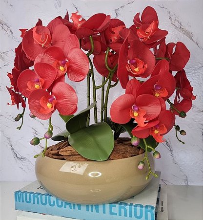 Arranjo Com 4 Orquídeas Vermelha Vaso Fendi 28cm