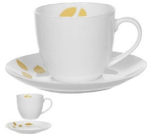 Xicara Cha C/Pires Porcelana 260ML Bonechina Folhas branca