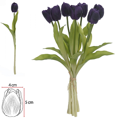 Planta Artificial Buque Tulipa Ramalhete C/Fita Real Toque X7 Purpura 37cm