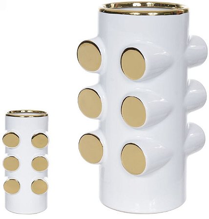 Vaso Decorativo Ceramica Branco Dourado 28cm