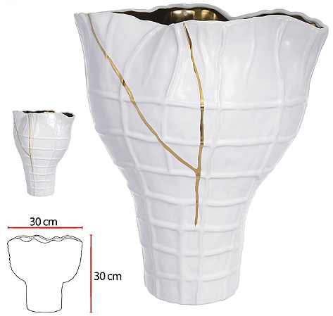 Vaso Decorativo Ceramica Branco Dourado 30cm
