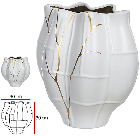 Vaso Decorativo Ceramica Branco Dourado 28cm