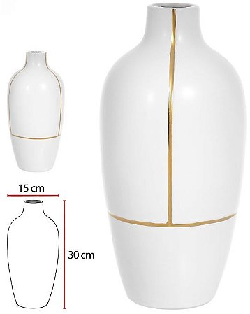 Vaso Decorativo Ceramica Branco Dourado 30cm
