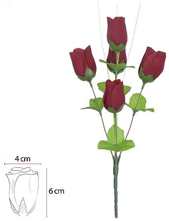 Buque Rosa Botao Aveluda X5 Vermelho 34cm