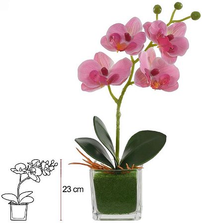 Haste Orquidea Phalaenopsis Real Toque C/Vaso De Vidro Rosa 23cm