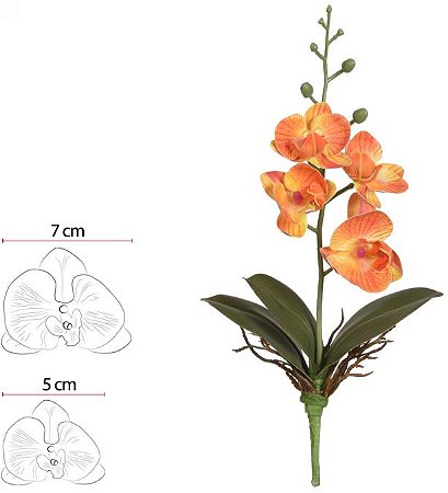 Haste Orquidea Phalaenopsis Real Toque C/Folha X4 Laranja 29cm