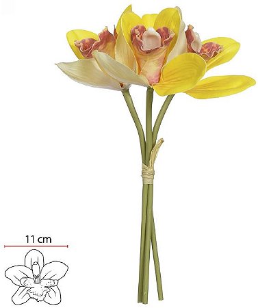 Buque Orquidea Cymbidium Ramalhete C/ Fita Real Toque X3 Amarelo 23cm
