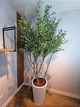 Planta Artificial Oliveira 2,20m Kit + Vaso Branco Cônico 55cm