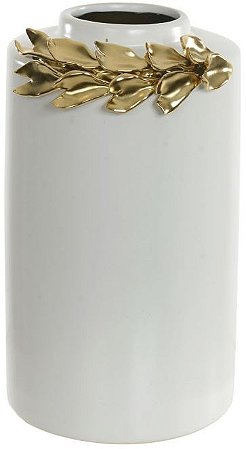 Vaso Decorativo Ceramica Branco Dourado 24cm