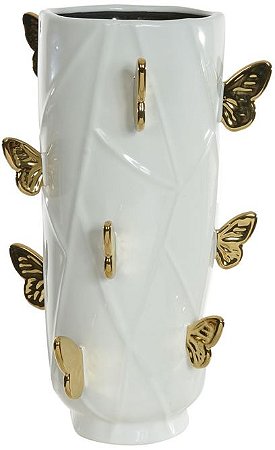 Vaso Decorativo Ceramica Borboleta Branco Dourado 40cm