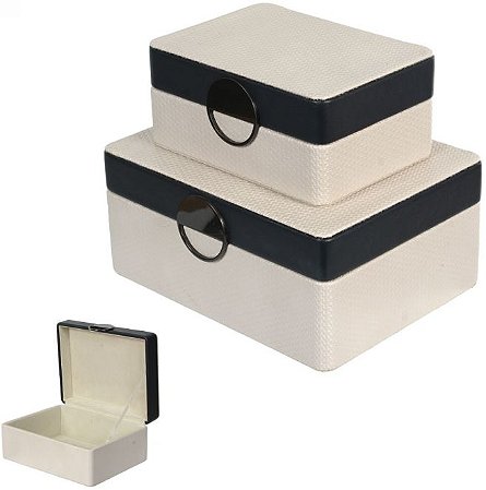 Kit Caixas Decorativas MDF Revest Pu C/2 Pcs Off White Preta 22,8cm