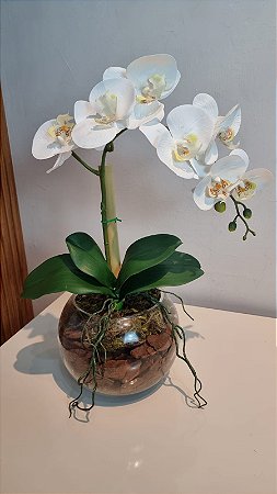 Arranjo Aquário Com Orquidea Branca 40cm mod. 0406