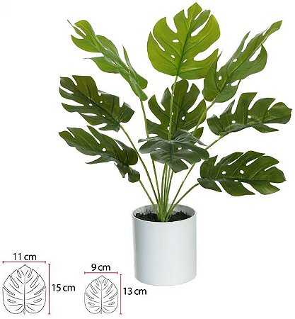 Planta Artificial Folhagem Costela De Adao Real Toque C/Pote X9 Verde 42cm