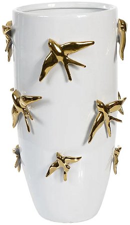 Vaso Decorativo Ceramica Passaros Branco Dourado 37cm