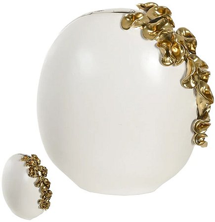 Vaso Decorativo Ceramica Com Aplicacao folhas Branco Dourado 12cm