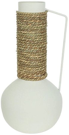 Vaso Decorativo Metal Texturizado Com Alca Off White 34,5cm
