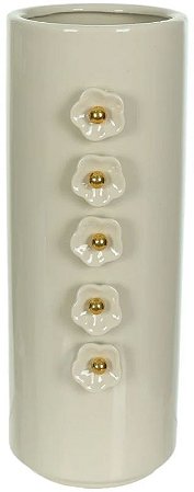 Vaso Decorativo Ceramica Flores Off White Dourado 28cm
