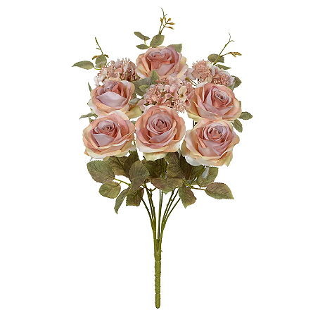 Buquê Artificial Rrosa Hortensia C/Proteção UV X9 (pessego outono) 48cm