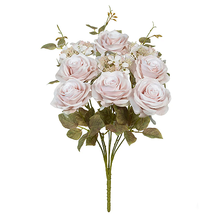 Buquê Artificial Rosa Hortensia C/Proteção UV X9 (off white outono) 48cm
