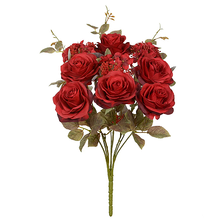 Buquê Artificial Rosa Hortensia C/Proteçâo UV X9 (vermelho outono) 48cm
