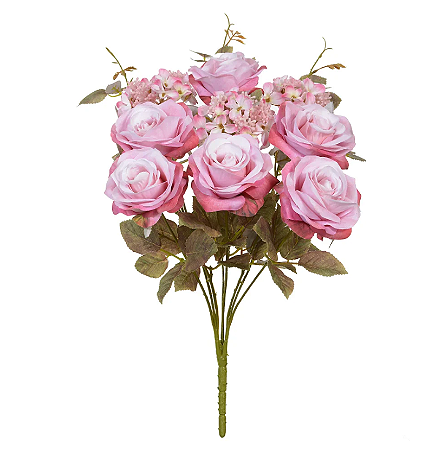 Buquê Artificial Rosa Hortensia C/Proteção UV X9 (rosa 2T outono) 48cm