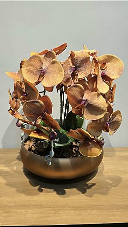 Arranjo Artificial 4 Orquideas Laranjas + Vaso Cobre